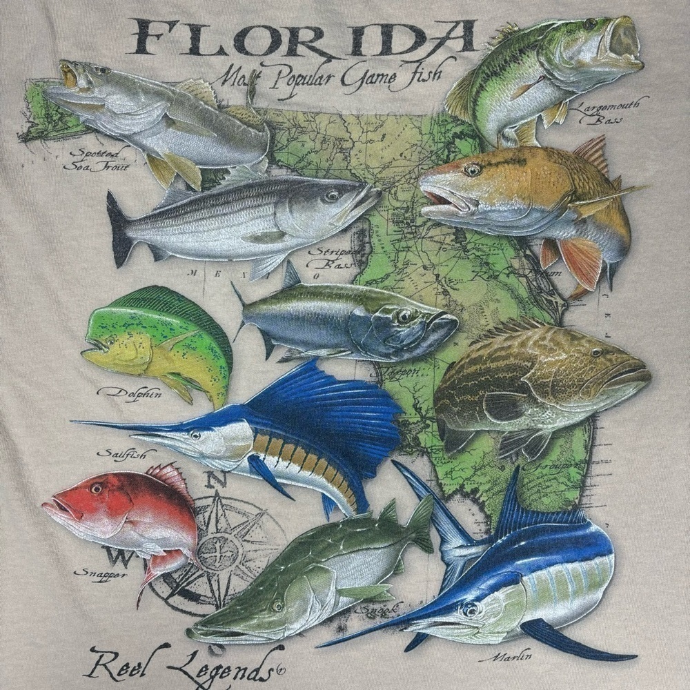 Reel Legends Shirt Mens XXL Crewneck Florida Most Popular Game Fish Fishing Tee